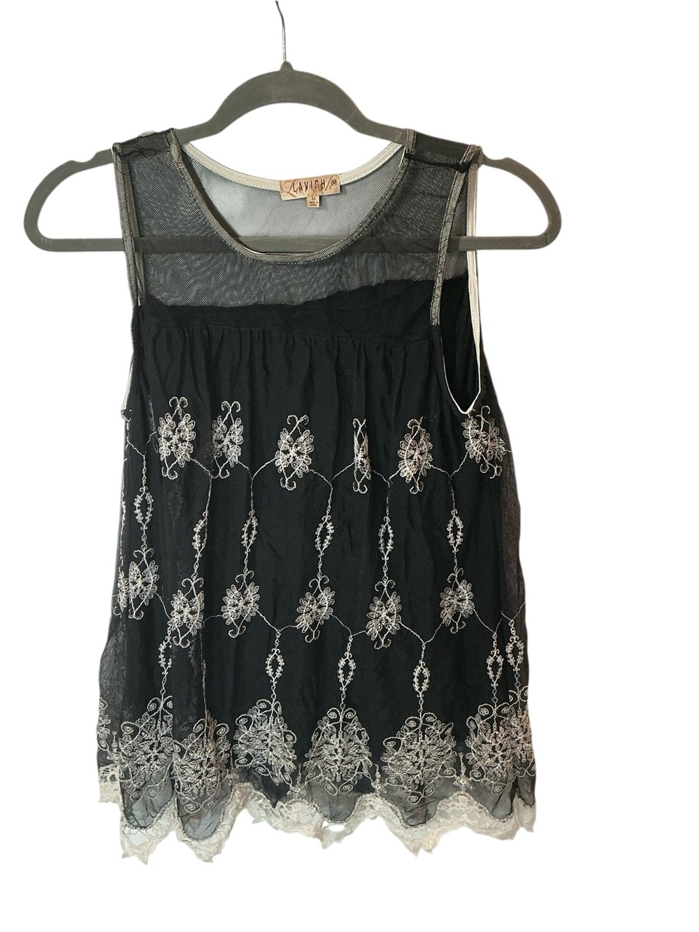 Black Sheer Lace Embroidered Tank Top | Boho Chic | Size M